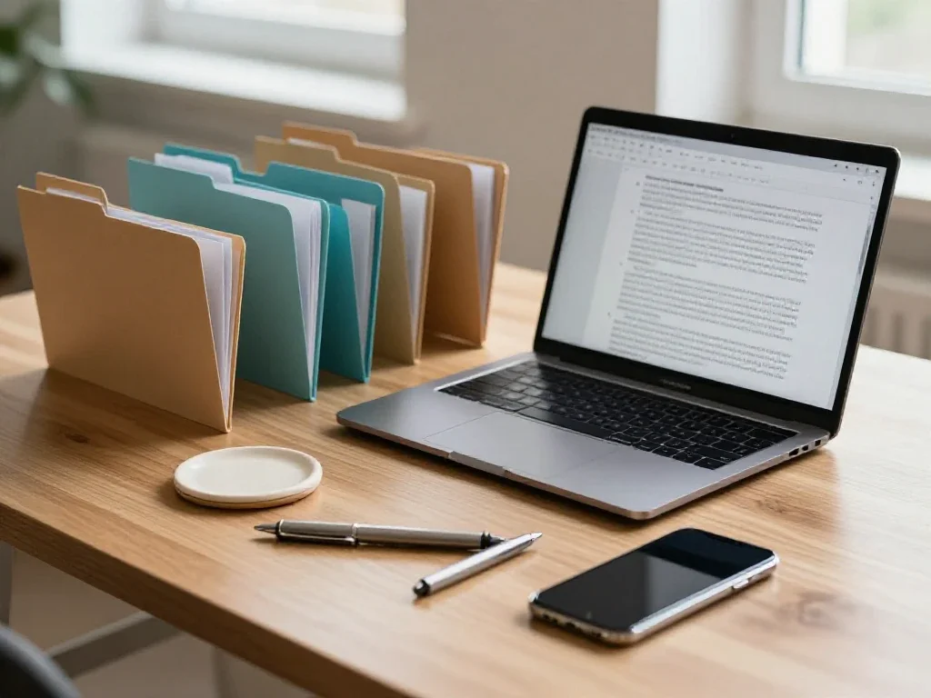 Ordinateur portable et dossiers sur un bureau lumineux pour comparer différents sujets.