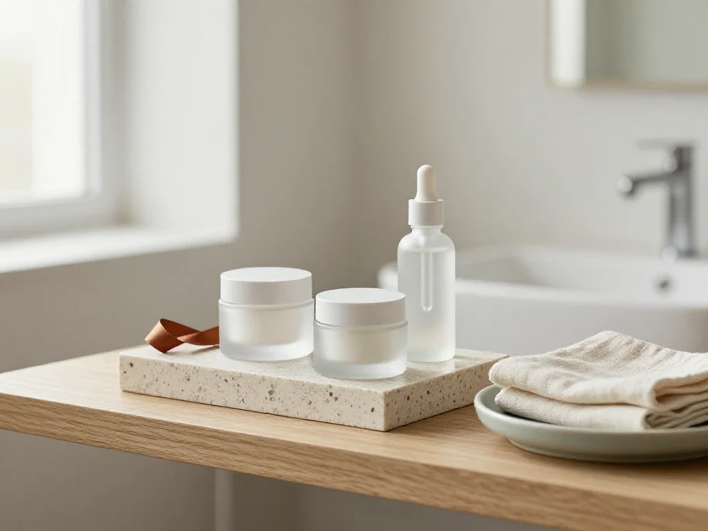 Flacons de soins en verre dépoli sur socle en pierre illustrant une routine beauté raffinée.