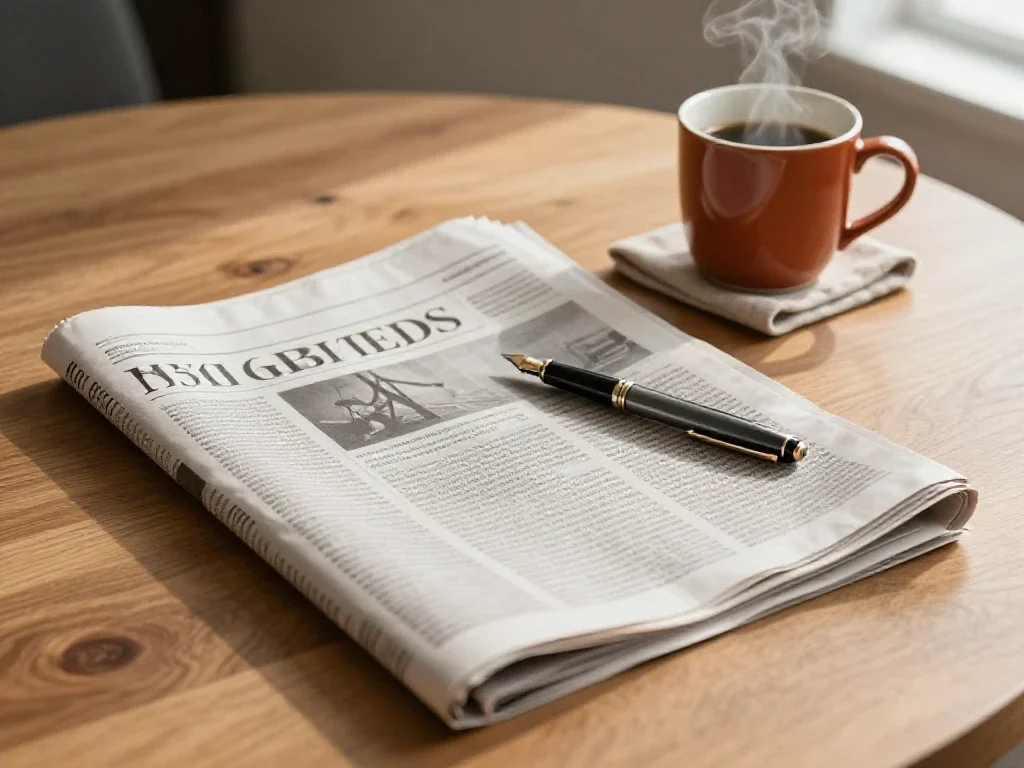 Journal ouvert et tasse de caf� sur une table, �voquant l'analyse n�cessaire avant de choisir.